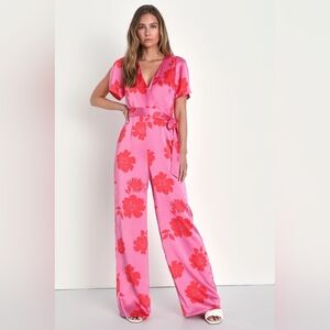 LULU'S NWOT Womens Pink Satin Floral Jumpsuit - SIZE S
